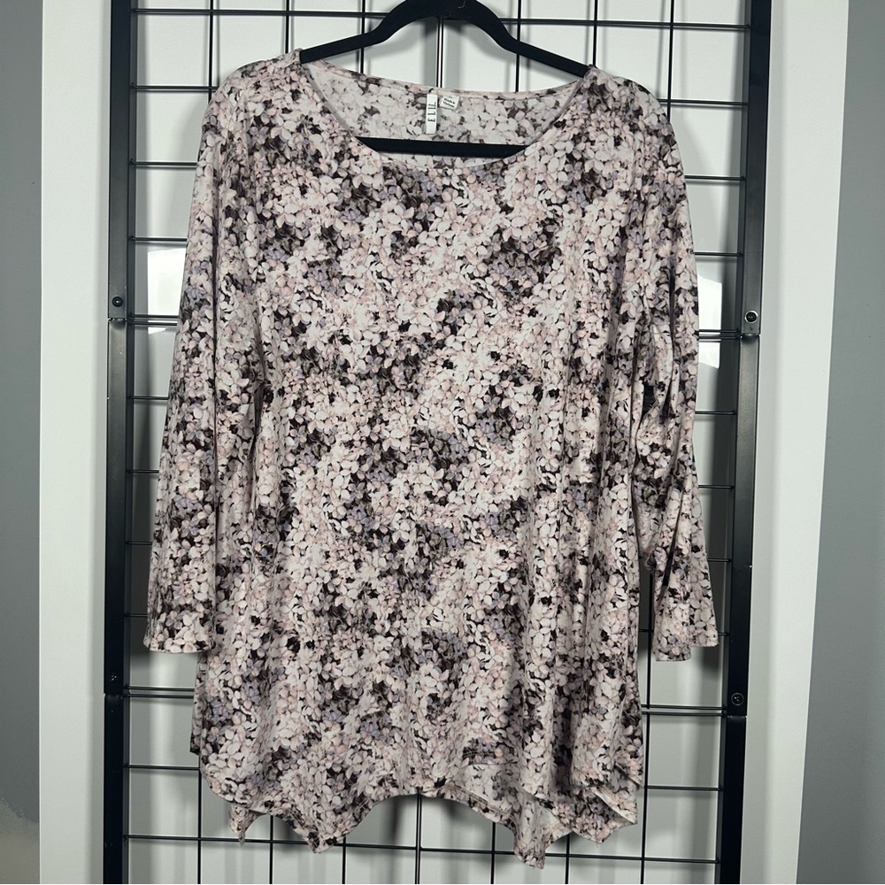 Elle White/Multi Floral Print Scoopneck 3/4 Sleeve Tunic Women's XL